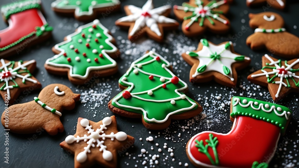 Obraz premium Christmas Gingerbread Cookies, Festive Treats Top View