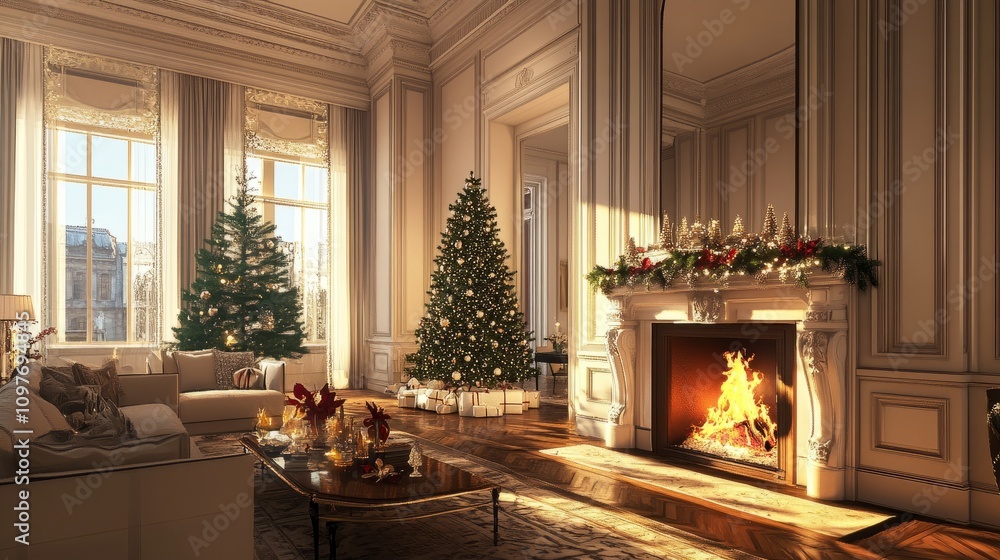 A warm holiday scene with a roaring fire, intricate mantel decor, and a Christmas tree reflected in elegant window architecture A warm holiday scene with a roaring fire, intricate mantel decor, and a Christmas tree reflected in elegant window architecture