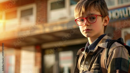 A young boy with glasses stands outside a school, looking thoughtful. The warm sunset creates a beautiful background, adding to the peaceful atmosphere.