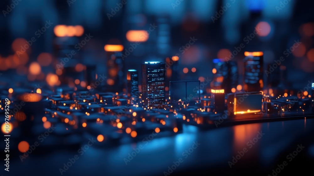 Obraz premium A futuristic cityscape illuminated with glowing lights, creating a vibrant, tech-inspired atmosphere.