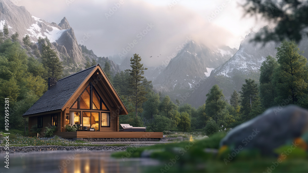 A cozy cabin set against a backdrop of stunning mountain scenery. A cozy cabin set against a backdrop of stunning mountain scenery.