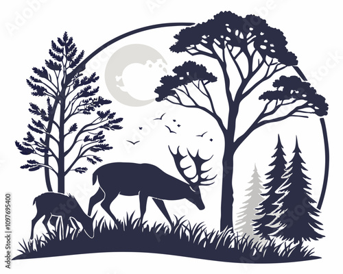 Silhouette of a tree and deer in a sunset forest landscape