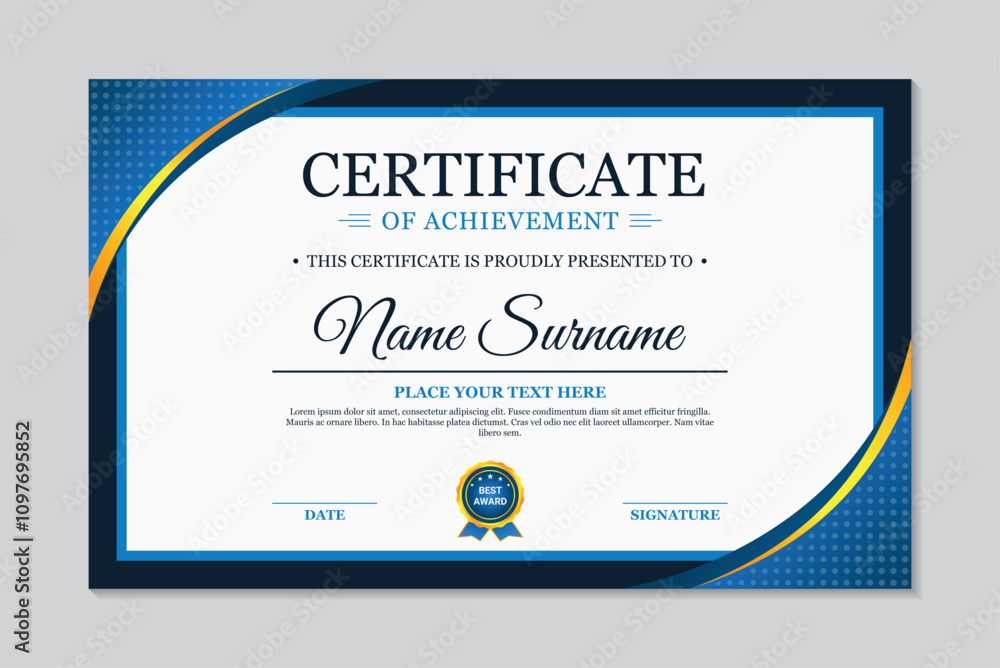 Fototapeta premium Certificate of achievement blue and gold simple geometric wave design