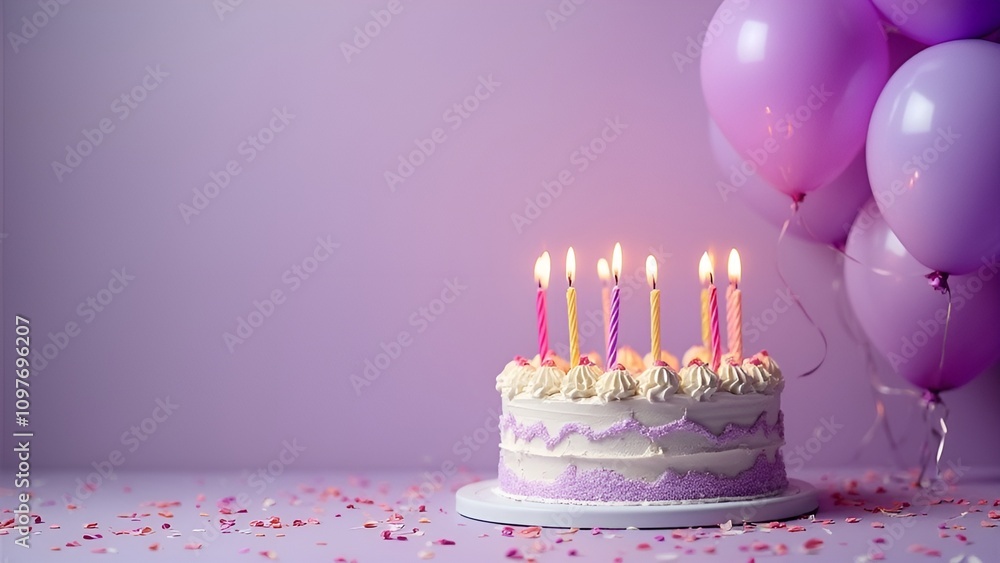 Lilac birthday party backgrounds, birthday cake with lighted candles, balloons aside, decorated celebration light purple background with copy space, for greeting cards, banners, and birthday wallpaper Lilac birthday party backgrounds, birthday cake with lighted candles, balloons aside, decorated celebration light purple background with copy space, for greeting cards, banners, and birthday wallpaper