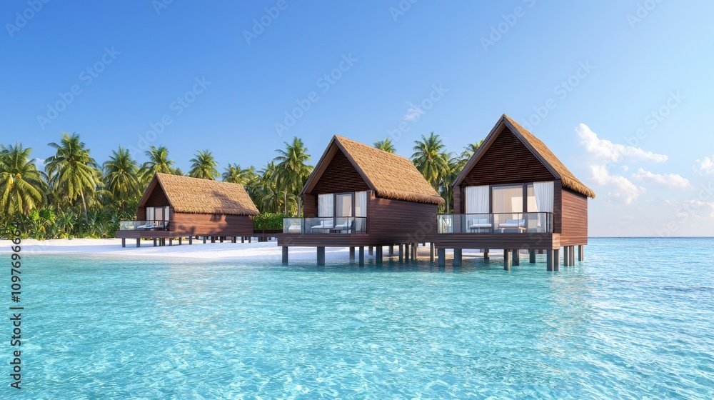 Fototapeta premium Exotic overwater bungalows tropical paradise travel photography nature aerial view serenity