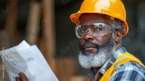 Safety officer and laborer reviewing workplace safety guidelines and accident reporting procedures Stock Photo with side copy space