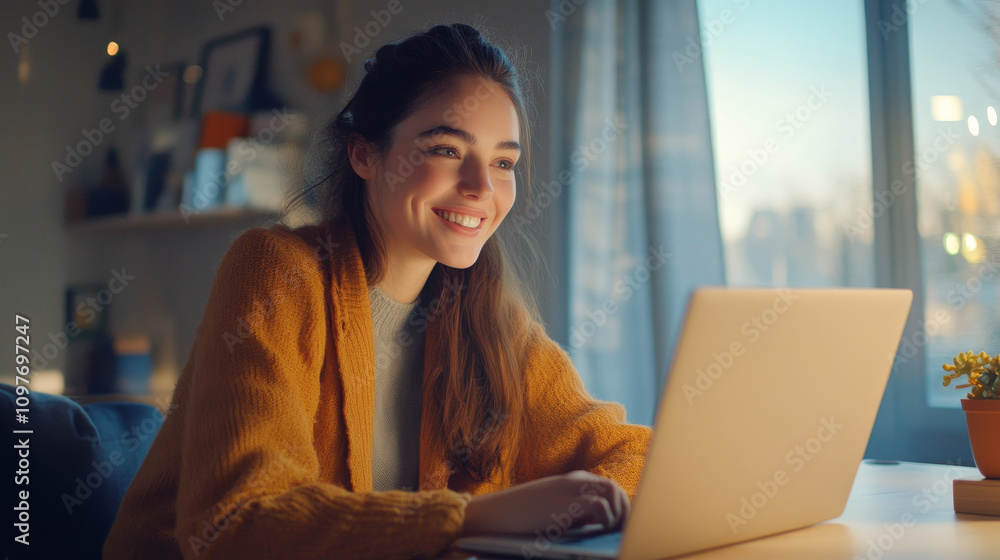 Candid shot of businesswoman smiling while video conferencing at home office indoor environment natural light for engaging personal branding Candid shot of businesswoman smiling while video conferencing at home office indoor environment natural light for engaging personal branding