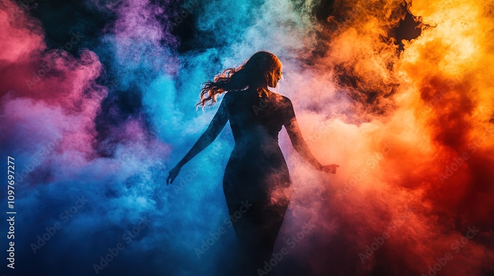 Obraz premium Silhouette of woman with colorful smoke and dark backdrop.