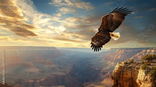 Powerful and majestic bald eagle flying gracefully over a rugged canyon landscape with a dramatic colorful sky at sunrise or sunset  The eagle s wings are outstretched as it soars freely photo