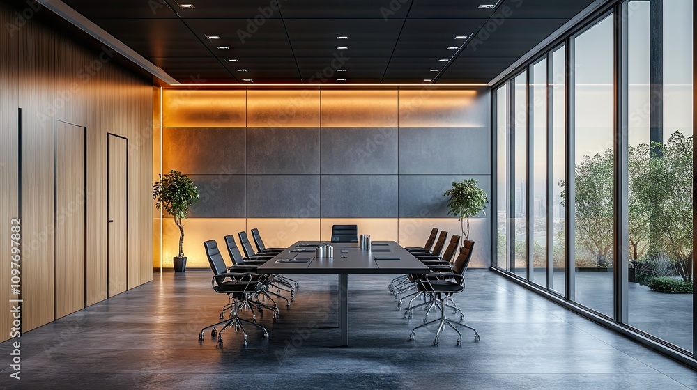 Fototapeta premium Modern conference room with sleek design, featuring a large table and panoramic windows.
