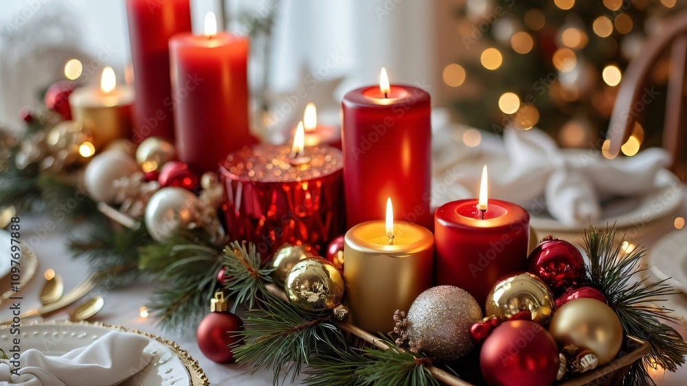 Red & Gold Christmas Candles with Festive Decorations Red & Gold Christmas Candles with Festive Decorations