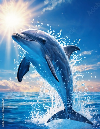 A majestic dolphin gracefully leaps out of the blue ocean, framed by a bright sun and splashes of water. The image captures a moment of freedom and joy, ideal for nature and marine life themes.. AI photo