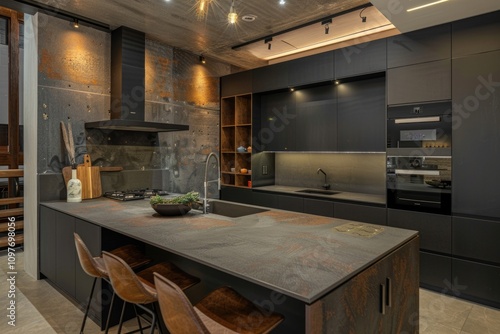 Modern industrial kitchen with dark cabinetry, a rustedmetal backsplash, and an island with a stone countertop. photo