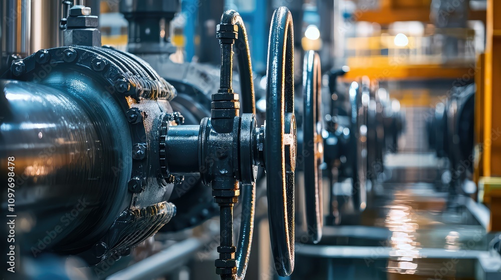 Industrial Pipeline System with Large Valves and Equipment in a Modern Technology Facility, Machines and Infrastructure for Fluid Control and Management Industrial Pipeline System with Large Valves and Equipment in a Modern Technology Facility, Machines and Infrastructure for Fluid Control and Management