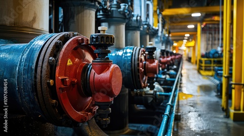 Industrial Water Pump System with Red Valves and Metal Pipes in a Modern Factory Environment Featuring Machinery and Machinery Components