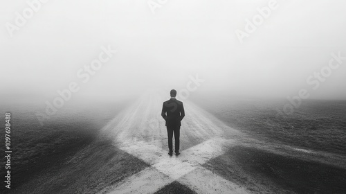 Businessman Crossroads Decision Foggy Morning Landscape