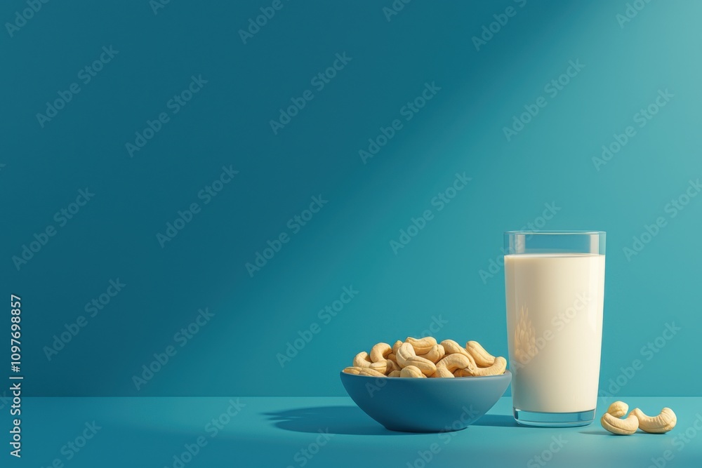 cashew milk. A bowl of cashews beside a glass of milk on a turquoise surface, creating a fresh and healthy snack aesthetic. cashew milk. A bowl of cashews beside a glass of milk on a turquoise surface, creating a fresh and healthy snack aesthetic.