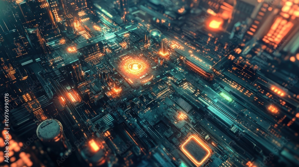 Obraz premium Futuristic digital cityscape with glowing circuits and structures.