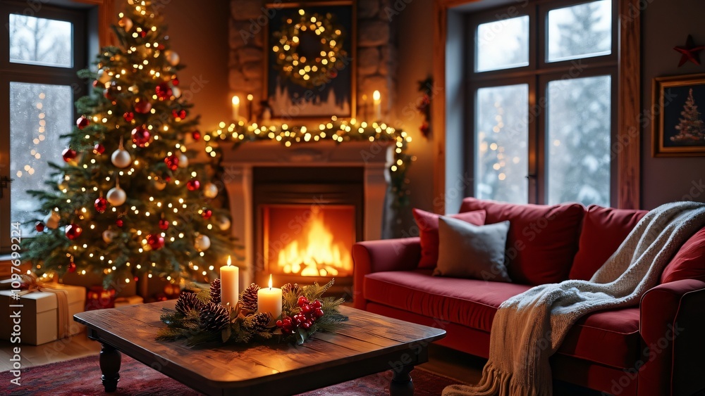 Cozy Christmas Living Room, Fireplace, Tree, & Candles Cozy Christmas Living Room, Fireplace, Tree, & Candles