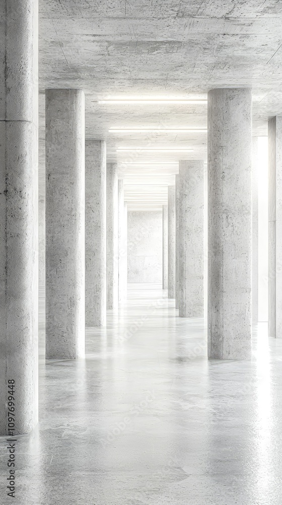 Minimalist Interior Design with Concrete Pillars and Reflective Floors in Modern Space Offering Brightness and Depth Through Abundant Natural Light Minimalist Interior Design with Concrete Pillars and Reflective Floors in Modern Space Offering Brightness and Depth Through Abundant Natural Light