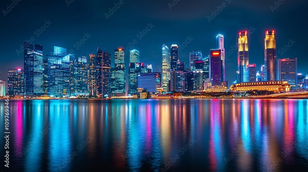Fototapeta premium Vibrant neon illuminated skyline of a futuristic metropolitan city reflecting in the calm waters of a riverside or bay at night