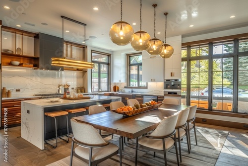 Modern kitchen with marble island, wooden dining table, and large windows offering abundant natural light.