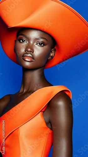 Bright orange fashion statement with dramatic hat and sleek outfit against vivid blue backdrop