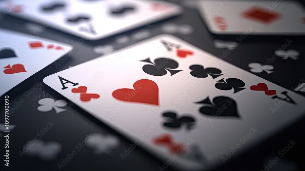 Close-up of playing cards featuring the Ace of Hearts and Ace of Spades, set against a stylish dark background. Close-up of playing cards featuring the Ace of Hearts and Ace of Spades, set against a stylish dark background.