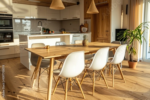 Sunlit modern kitchen with wooden dining table and Eamesstyle chairs, showcasing a minimalist design.