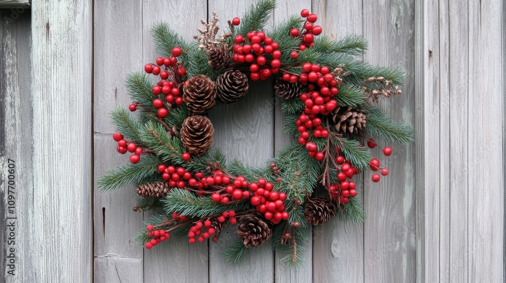 Festive Christmas Wreath with Red Berries and Pine Cones on Rustic Wooden Background for Holiday Decoration Festive Christmas Wreath with Red Berries and Pine Cones on Rustic Wooden Background for Holiday Decoration