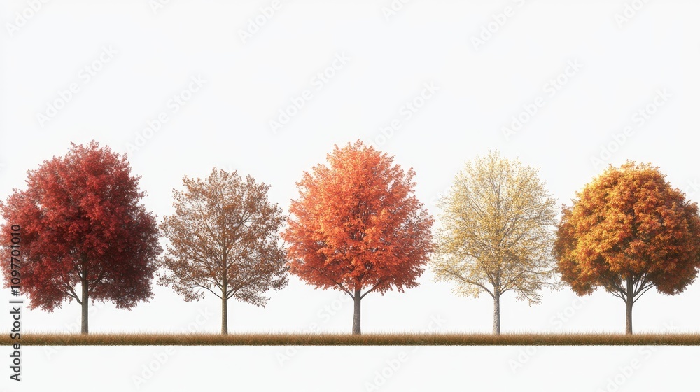 A series of five trees showcasing vibrant autumn colors, transitioning from deep red to golden hues. A series of five trees showcasing vibrant autumn colors, transitioning from deep red to golden hues.