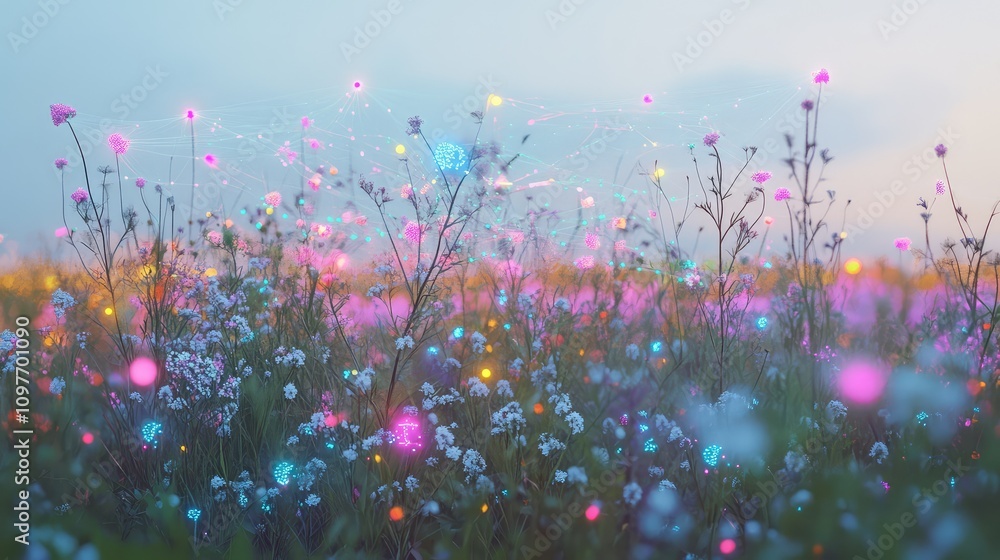 Open field with wildflowers, data nodes hovering above, tracing the plant growth in subtle neon hues Open field with wildflowers, data nodes hovering above, tracing the plant growth in subtle neon hues