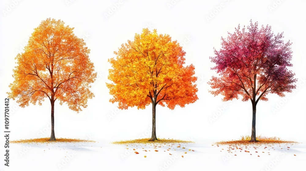 Three vibrant autumn trees showcasing a spectrum of warm colors: orange, yellow, and pink. Three vibrant autumn trees showcasing a spectrum of warm colors: orange, yellow, and pink.
