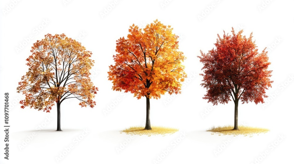 Naklejka premium Three trees showcasing vibrant autumn foliage in shades of yellow, orange, and red against a white background.
