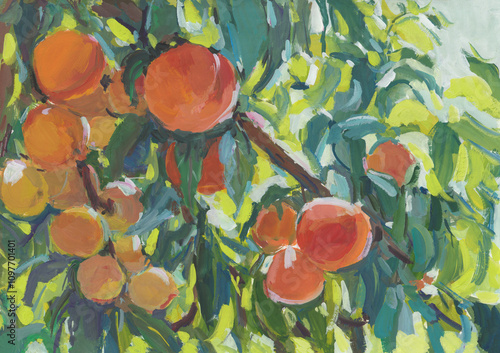 Wallpaper Mural Peaches gouache painting. Ripe juicy fruits on a branch. Hand-drawn illustration. Contemporary art. An artistic summer postcard for design. The concept of summer, vitamins, healthy nutrition Torontodigital.ca