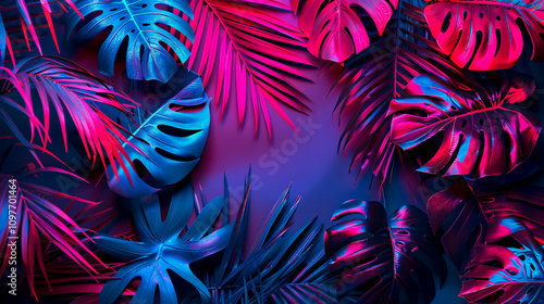 Fototapeta Naklejka Na Ścianę i Meble -  Creative fluorescent color layout with tropical leaves. Flat lay neon colors. Nature concept.