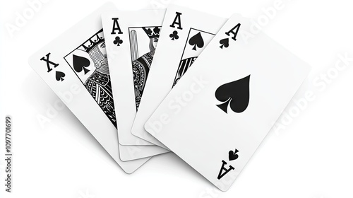 A set of playing cards featuring four aces and a king, showcasing the classic black spade and club designs.