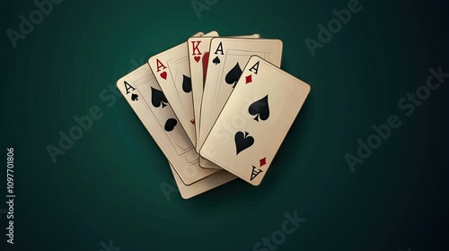 A hand of playing cards featuring four Aces of spades, set against a dark green background. photo