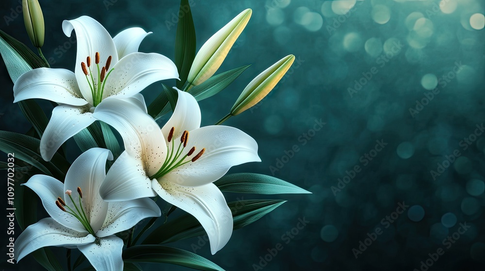 Fototapeta premium A vibrant display of white lilies with lush green leaves, set against a dreamy teal background.