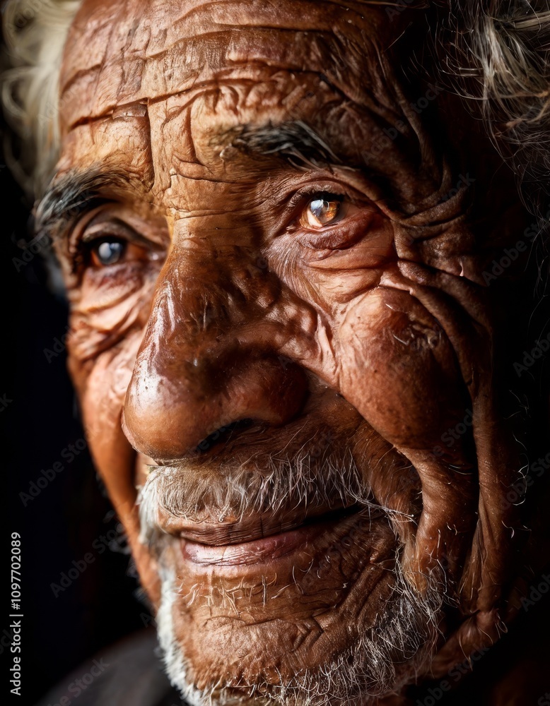 An intimate close-up of an elderly man's face, showcasing deep wrinkles and a lifetime of experience. His warm, expressive eyes convey wisdom and emotion, creating a powerful and moving portrait.. AI An intimate close-up of an elderly man's face, showcasing deep wrinkles and a lifetime of experience. His warm, expressive eyes convey wisdom and emotion, creating a powerful and moving portrait.. AI