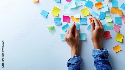 Sticky Note Post It Board Office. Business people meeting at office and use post it notes to share idea. Brainstorming concept. Sticky note on glass wall or blackboard. Set of colorful blank notes.	
