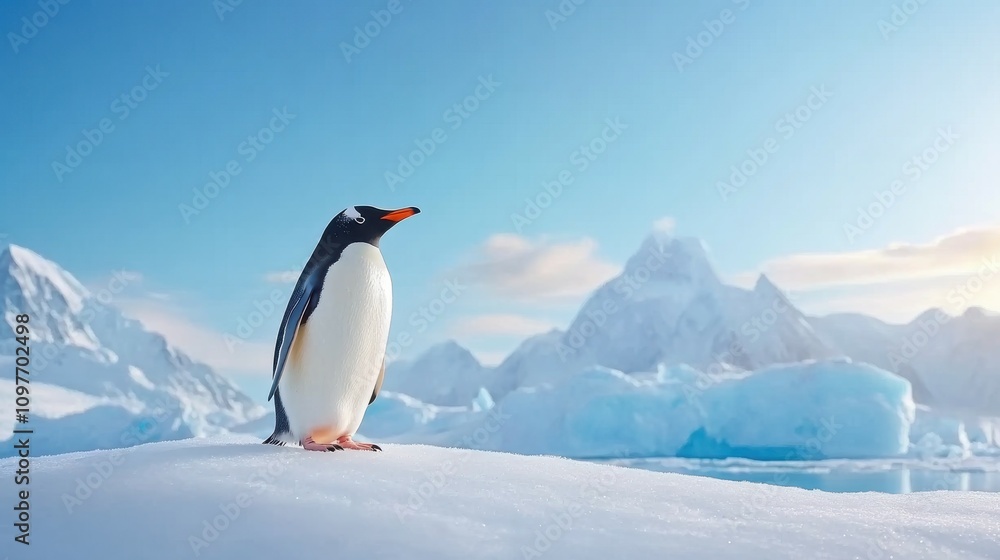 Fototapeta premium A penguin stands on a snowy mountain top