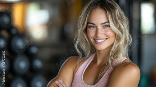 A woman with blonde hair and a pink tank top is smiling for the camera