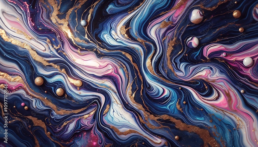 Abstract Swirling Paint with Gold Accents and Spheres Abstract Swirling Paint with Gold Accents and Spheres
