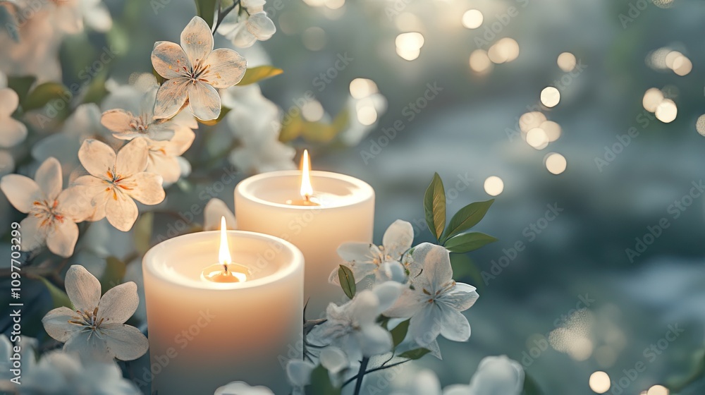Two glowing candles surrounded by delicate white flowers, creating a serene and calming atmosphere. Two glowing candles surrounded by delicate white flowers, creating a serene and calming atmosphere.
