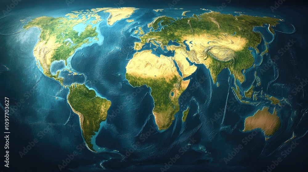 A detailed relief map of Earth showcasing continents and oceans, emphasizing geographical features and natural landscapes. A detailed relief map of Earth showcasing continents and oceans, emphasizing geographical features and natural landscapes.