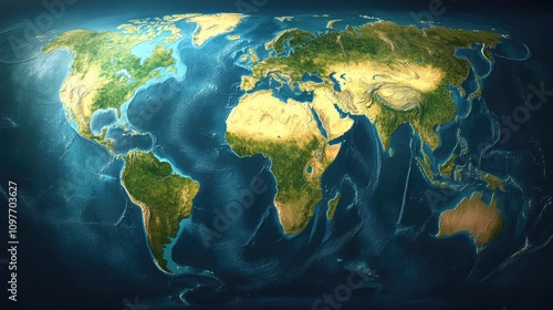 A detailed relief map of Earth showcasing continents and oceans, emphasizing geographical features and natural landscapes. photo