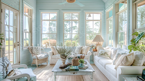 a cozy sky blue sunroom design