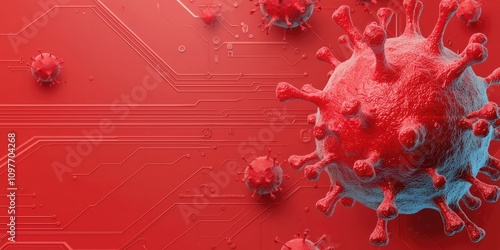 A vibrant illustration of a virus on a red background, highlighting its structure and the interplay of technology and biology.