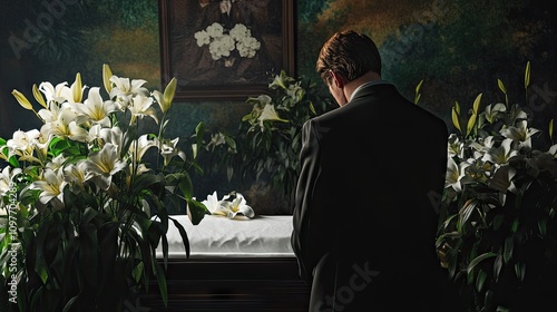 A somber Caucasian man in a suit mourns beside a casket adorned with white lilies, capturing deep emotions of loss and remembrance.